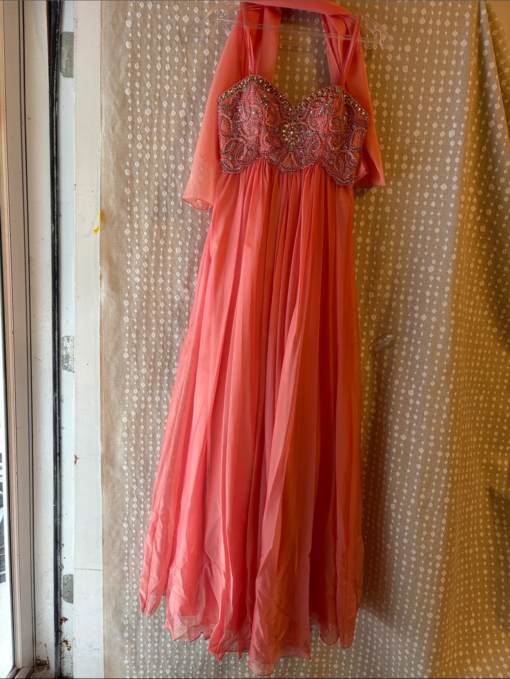 Embellished Coral Pink Straps and Scarf Prom Dress